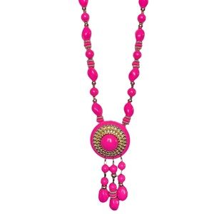 Vintage Chunky Pink Beaded Medallion Fringe Necklace